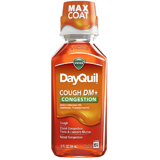 Cough Suppressant | Vicks DayQuil Cough DM + Congestion Relief Medicine, Tropical Citrus Flavor 12 oz