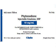 Vitamin K for Injection (Phytonadione Injectable Emulsion) I0 mg/mL Single-dose Vials 1 mL 
