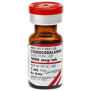Vitamin B12 Cyanocobalamin Injection 1,000 mcg/mL vial, supporting energy, metabolism, and overall wellness in medical treatments.