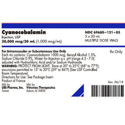 Cyanocobalamin B12 injection 1000 mcg label on a vial, used for vitamin B12 deficiency, energy enhancement, and improved metabolism.
