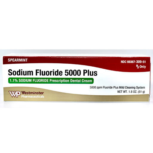 Westminster Pharmaceuticals Sodium Fluoride 5000 Plus 1.1% Toothpaste, 51 gram Spearmint Tube (Rx) | Buy at Mountainside Medical Equipment 1-888-687-4334