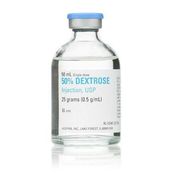 Dextrose 50% Injection Vials 50 mL arranged on a medical tray, essential for quick glucose administration and hypoglycemia treatment.
