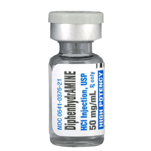 Hikma Diphenhydramine for Injection 50mg/1 mL Vials, 25/tray (Rx) | Mountainside Medical Equipment 1-888-687-4334 to Buy
