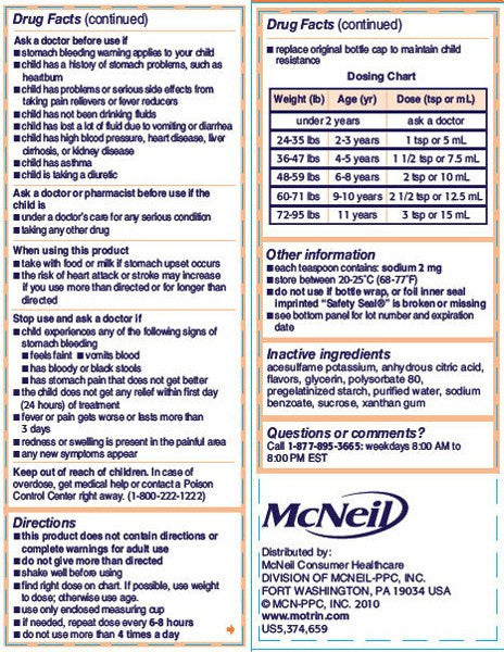 Drugs Facts for Children's Motrin Ibuprofen Liquid Oral Suspension Berry Flavor detailing correct dosage, fever, and pain relief information.