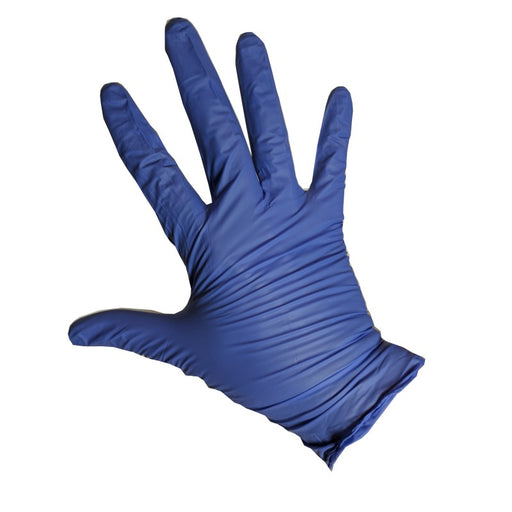 Purple nitrile examination gloves on hand